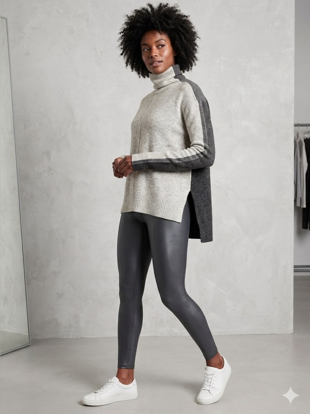 Athleta Transit Colorblock Turtleneck Sweater Wool Blend Cream Gray Size XL